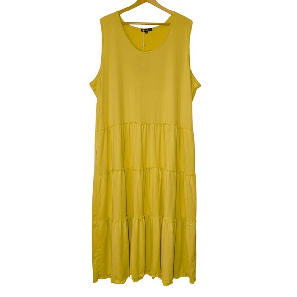 White Mark Womens Scoop Neck Tiered Midi Dress Sz 3X Yellow Smocked Pockets Boho - Picture 1 of 10